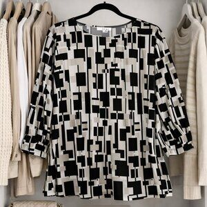Susan Graver Black & Ivory Geo Print 3/4 Sleeve 'Liquid Knit' Top XL